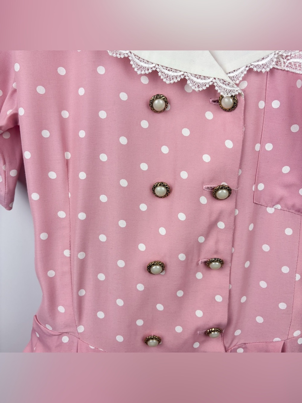 Vintage 80s Polka Dot Lace Collar Button Pink White Romper Coquette Retro Barbie - Picture 4 of 10